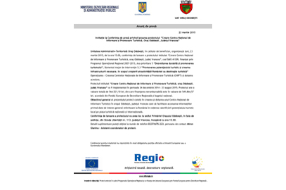 Invitație la Conferința de presă privind lansarea proiectului ”Creare Centru Național de Informare și Promovare Turistică, Oraș Odobești, Județul Vrancea”